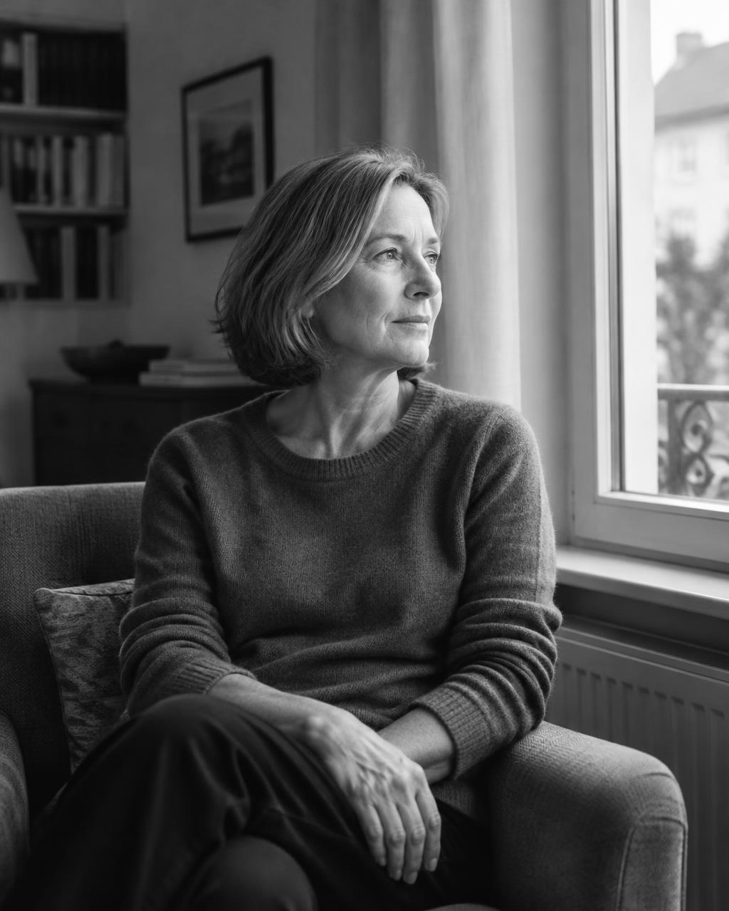 Eine Frau sitzt nachdenklich am Fenster – KI-generiertes Bild